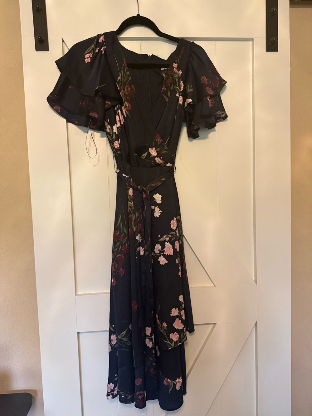 DKNY Navy Floral Wrap High Low Dress with Pink and Green Accents
